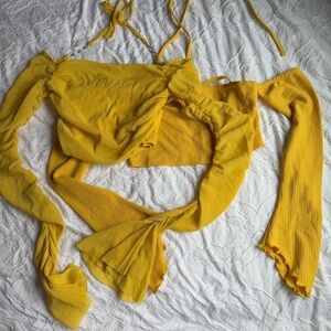 Shein Yellow Long Sleeves Knit and Mesh Sparkle Rhinestone Halter Bundle